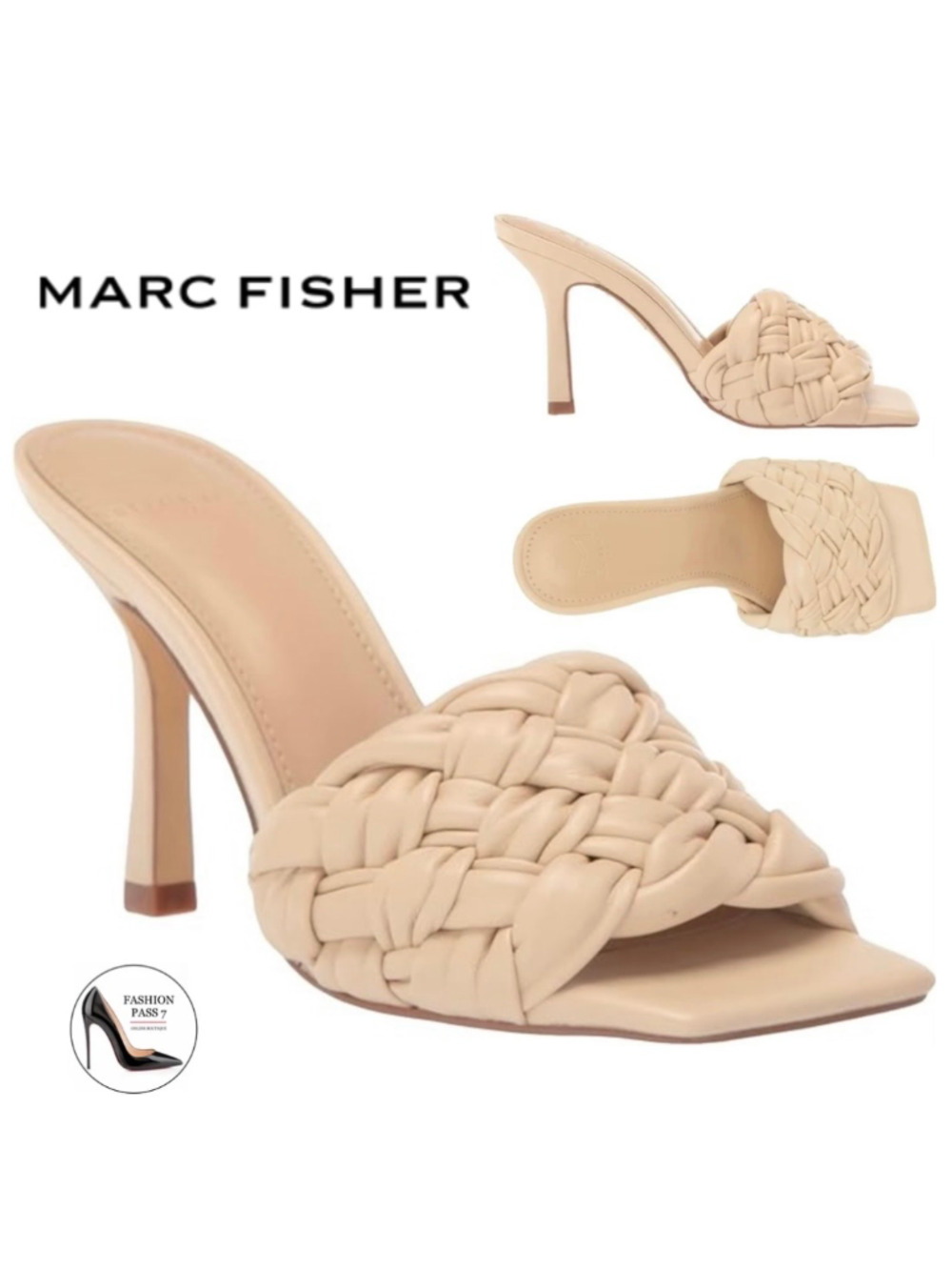 MARC FISHER Draya Beige Leather Woven Square Toe Stiletto Heel Pump Mules Sandal